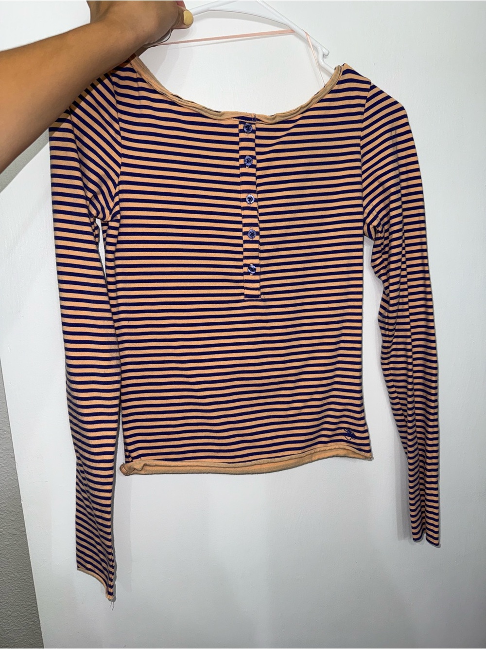 Striped Long-Sleeve Henley Top in Peach and Navy